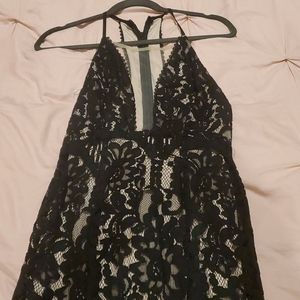 Full length plunge top black lace dress